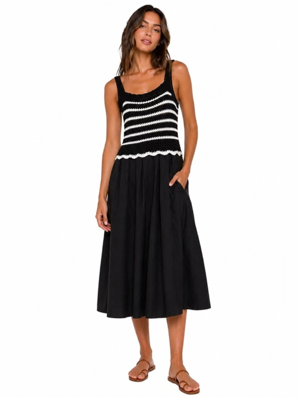 Madewell Black White Striped Crochet Knit Midi Dress NWT  Coastal Summer Boho